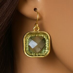 Women"s Gold & Light Green Stone Earrings - Square Drop 1-inch, Fashion Jewelry